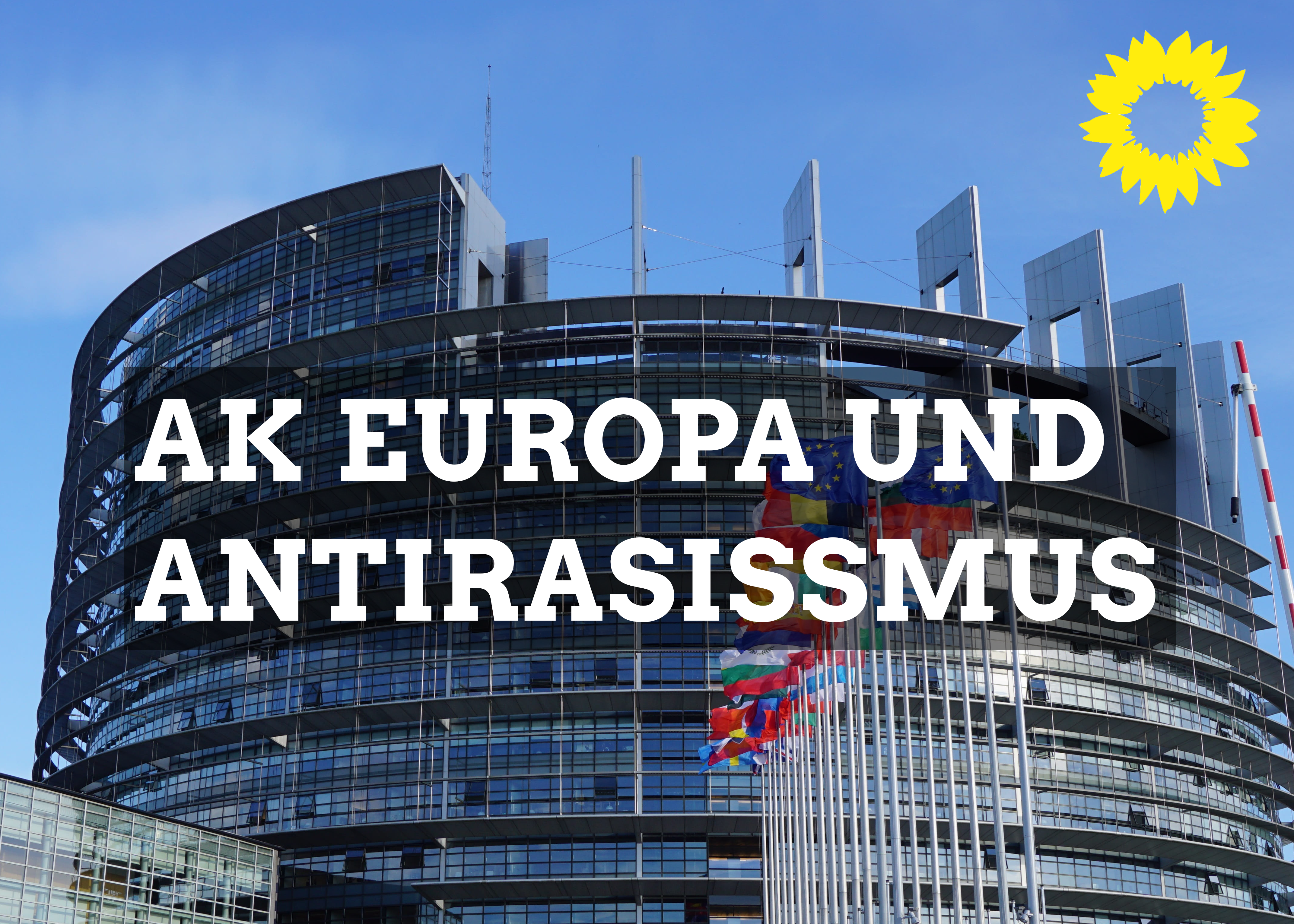 im Hintergrund das EU-Parlament in Straßburg, rechts oben das Logo von Bündnis 90 / Die Grünen, der Kranz einer gelben Sonnenblume, die Aufschrift lautet AK Europa und Antirassismus